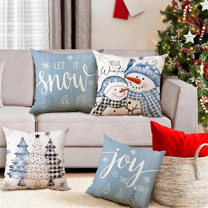 Christmas Pillow Covers 18x18 Set of 4, Winter Snowman Joy Snowflake Throw Pillow Covers Let it Snow Xmas Tree Home Decor for Pillow Case Happy Holiday Cushion Case for Sofa Couch