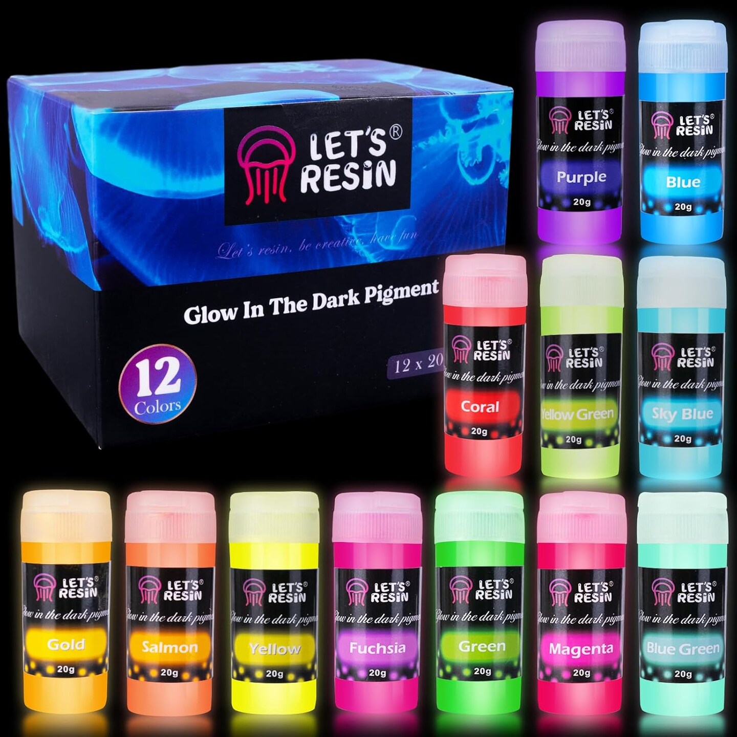 LET&#x27;S RESIN 12 Colors Glow in The Dark Pigment Powder - 20g/0.7oz Each Bottle Epoxy Resin Luminous Pigments Long Lasting for Slime, Nails, Acrylic Paint, Halloween Decoration,Art,Crafts