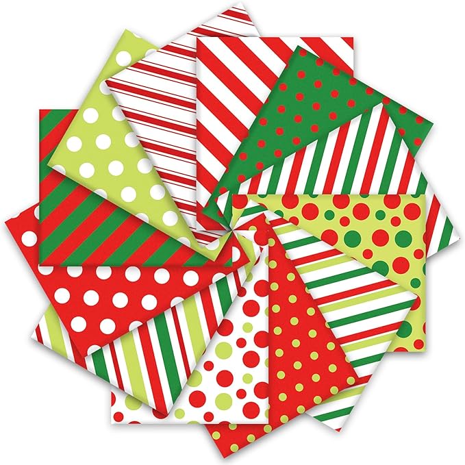 12Pcs Christmas Cotton Fabric Bundles Red Green Stripe Dot Printed Fat Quarters Xmas Sewing Fabrics for DIY Handmade Crafting, 18 x 22 Inch