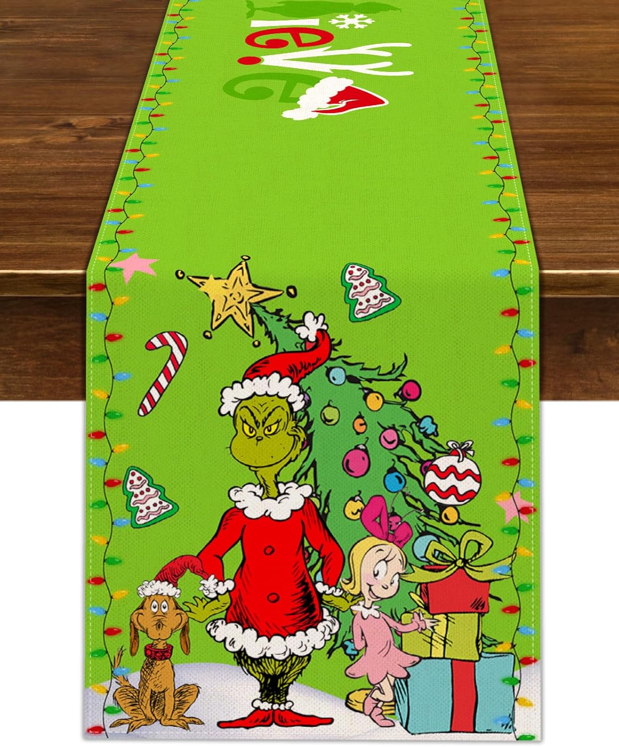 Green Christmas Table Runner Welcome to Whoville Believe Theme Party Decoration Xmas Winter Holiday Home Kitchen Island Decor 72Inches Long (Green, 13&#x22; x 72&#x22;)
