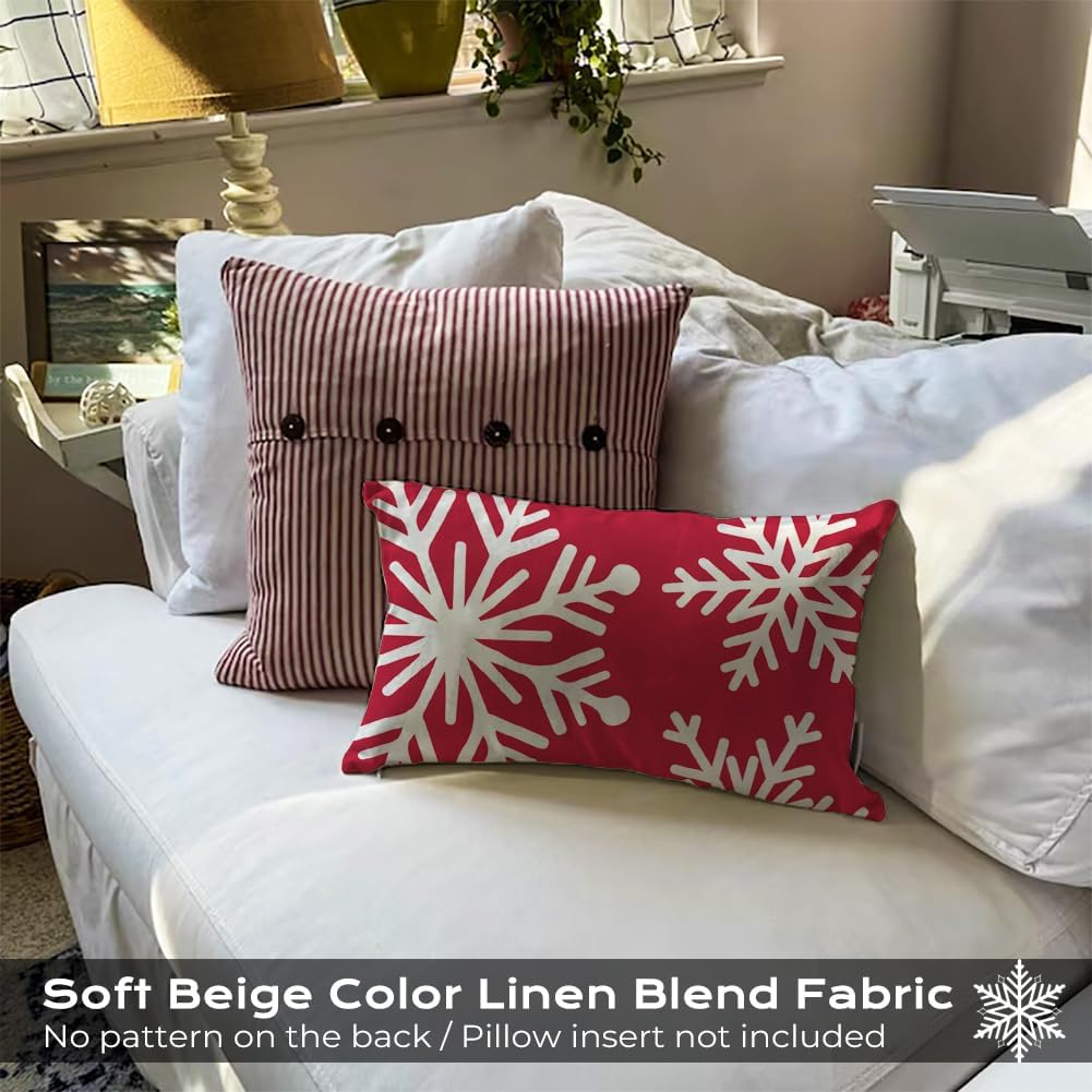 Red Christmas Snowflake Lumbar Pillow Covers 12x20 Set of 2, 12 x 20 Red and White Winter Holiday Throw Pillow Covers, Outdoor Rectangle Christmas Pillows for Porch (No Pillow Inserts)