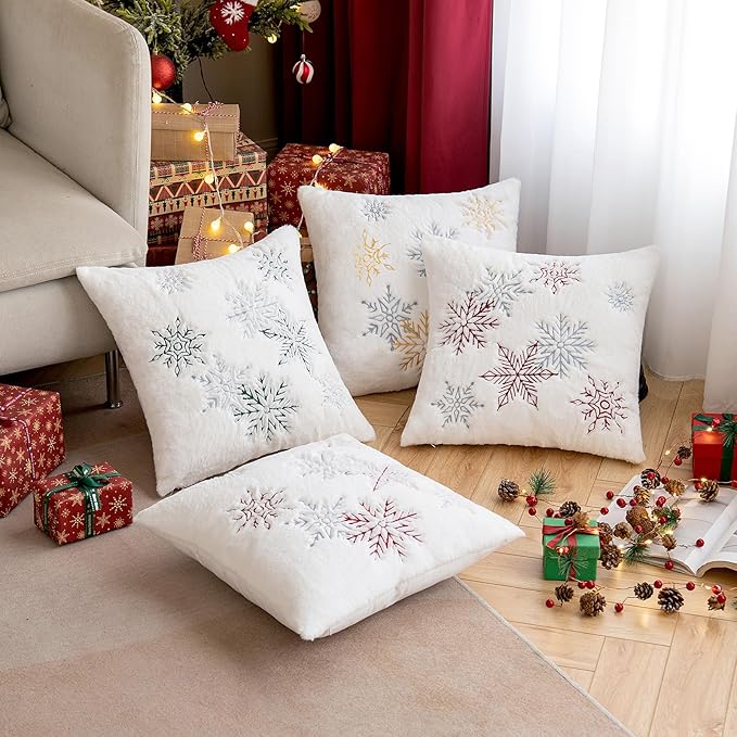 Pack of 2 Christmas Decorative Throw Pillow Covers Soft Faux Fur Pillow Cases with Embroidery Snowflake Cute Pillowcases Holiday Decor for Couch Sofa Bedroom, 18 x 18 Inch, Red