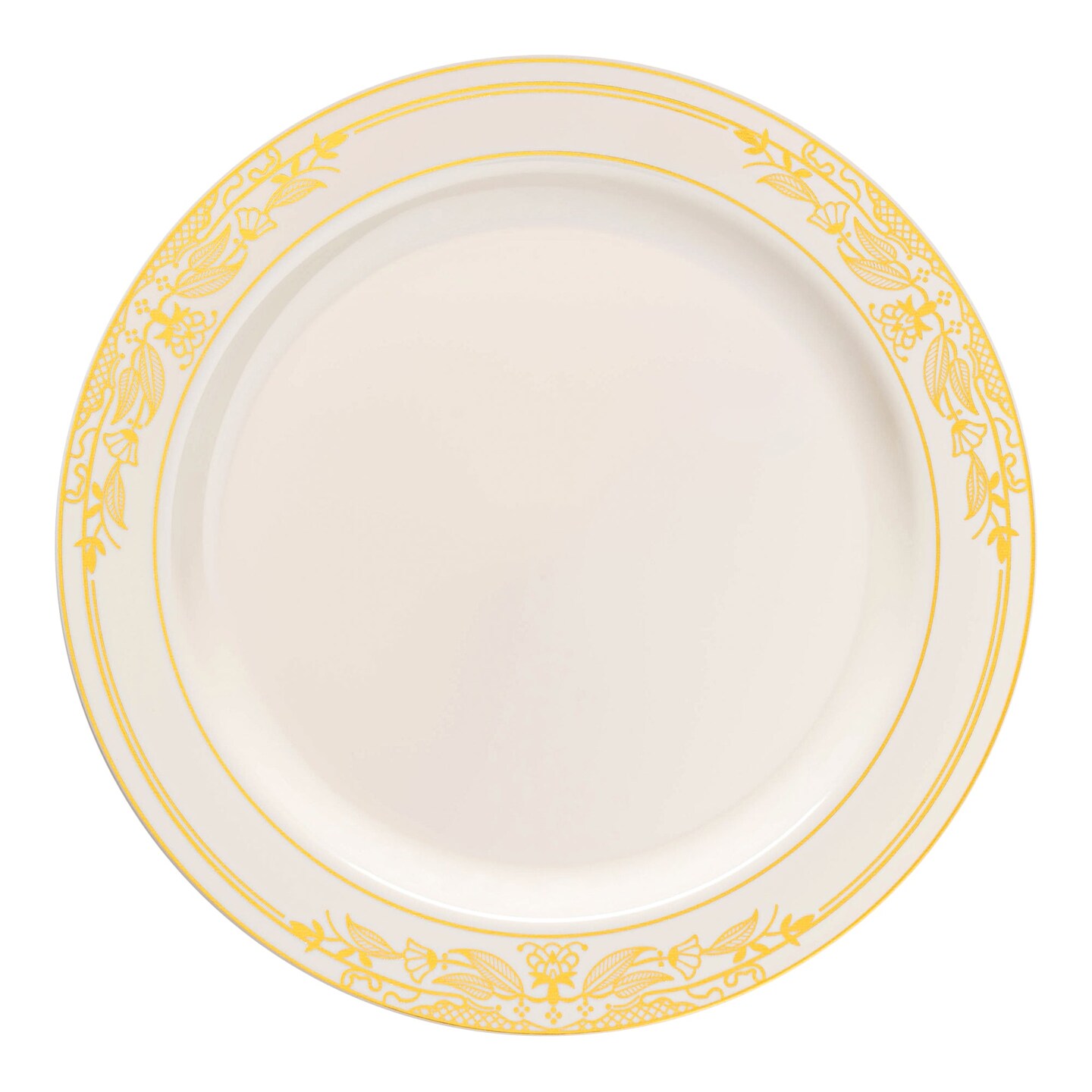 Ivory with Gold Harmony Rim Plastic Dinner Plates - 10.25" (120 Plates)