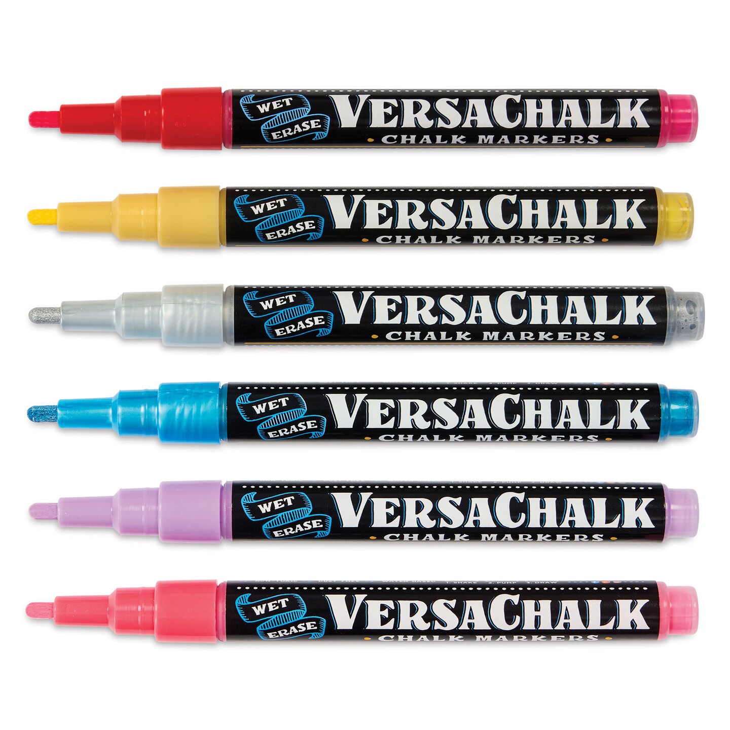 VersaChalk Wet Erase Liquid Chalk Wine Glass Markers - Bright Colors, 3 mm, Set of 6, Fine Tip