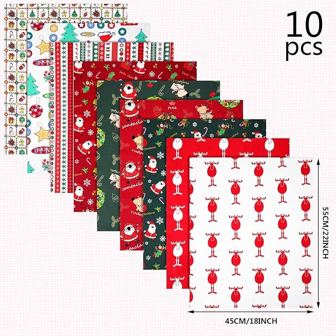 10 Pieces Christmas Cotton Fabric Bundles 18 x 22 Inch Quilting Fabric Sewing Squares Bundle Multicolor Fabric Patchwork Christmas Tree Fat Quarters Precut Santa Claus Fabric Scraps for Christmas DIY