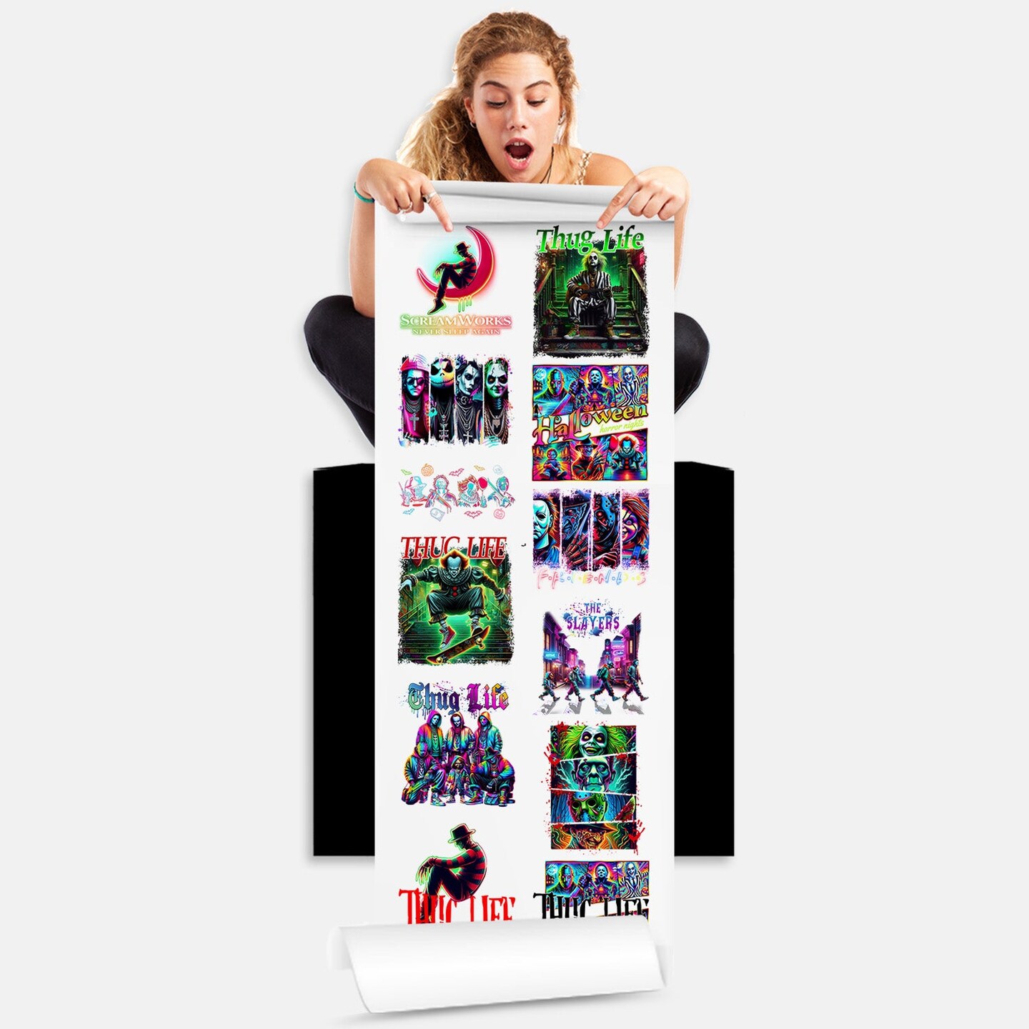 Halloween Neon Horror Movie Thug Life DTF Transfers 22x60 Direct-to-Film Gang Sheets Iron On Transfers - 12 Adult Prints