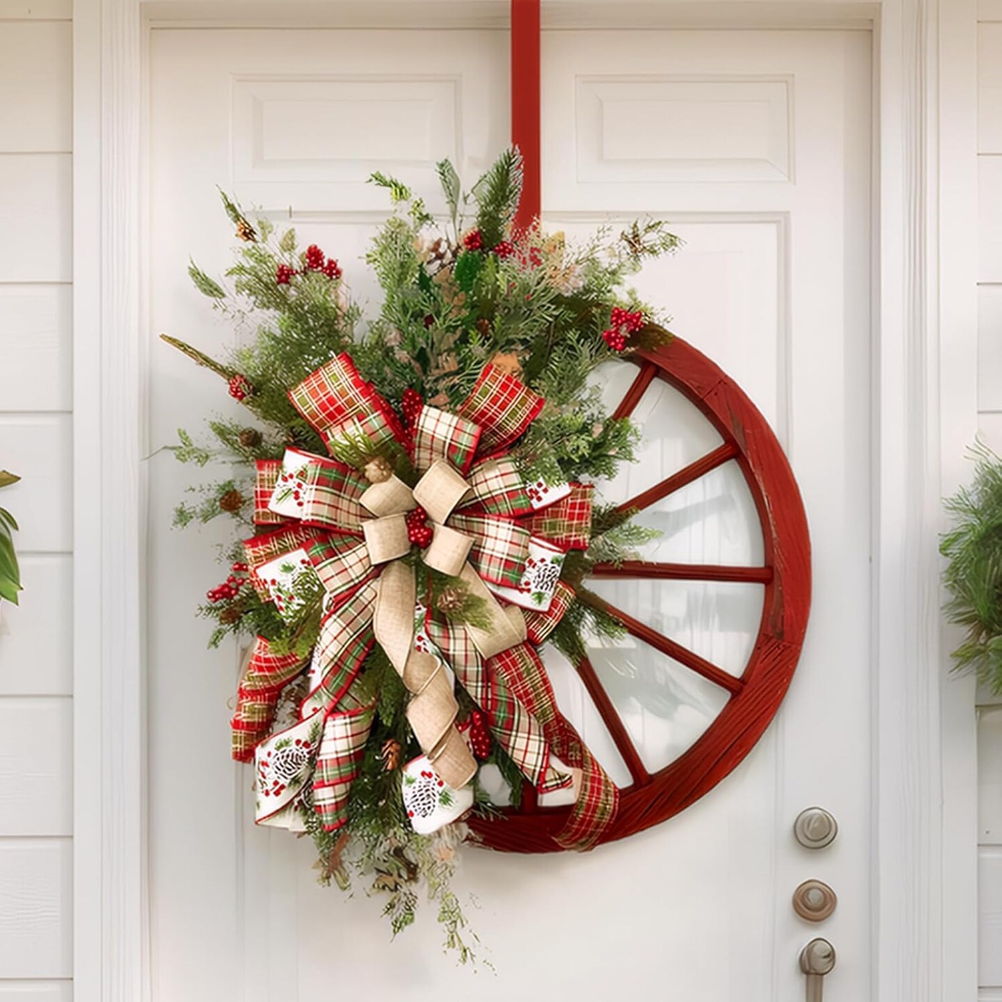 Christmas Wreath, 24 inch Artificial Plaid Bow Holiday Pine Cones Wreath Hanging Roulette Wheel Garland for Front Door Decoration and Christmas Party Decor