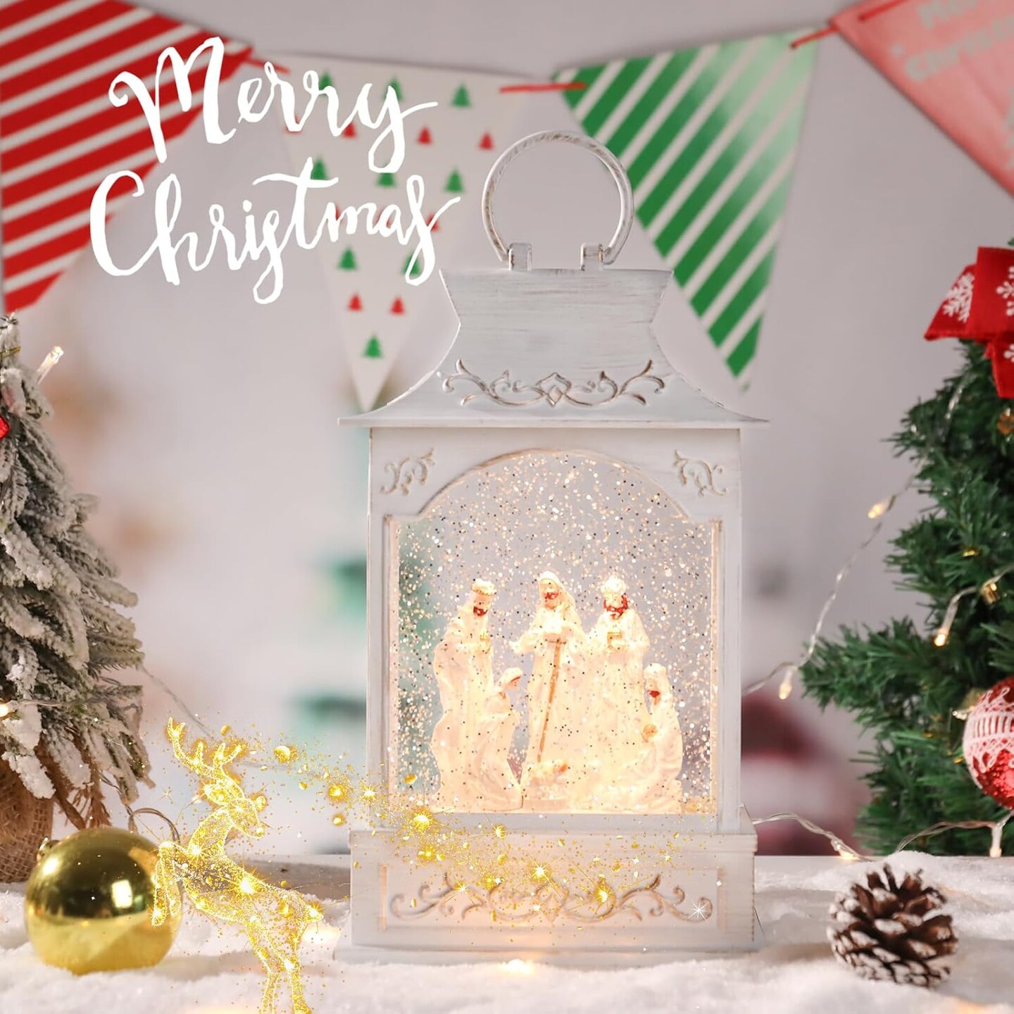 Christmas Lantern Nativity Snow Globe - Nativity Snow Globes Collectibles Musical Lighted Christmas Snow Swirling Glitter Water Globe Lantern Singing Christmas Decor 2024 New White