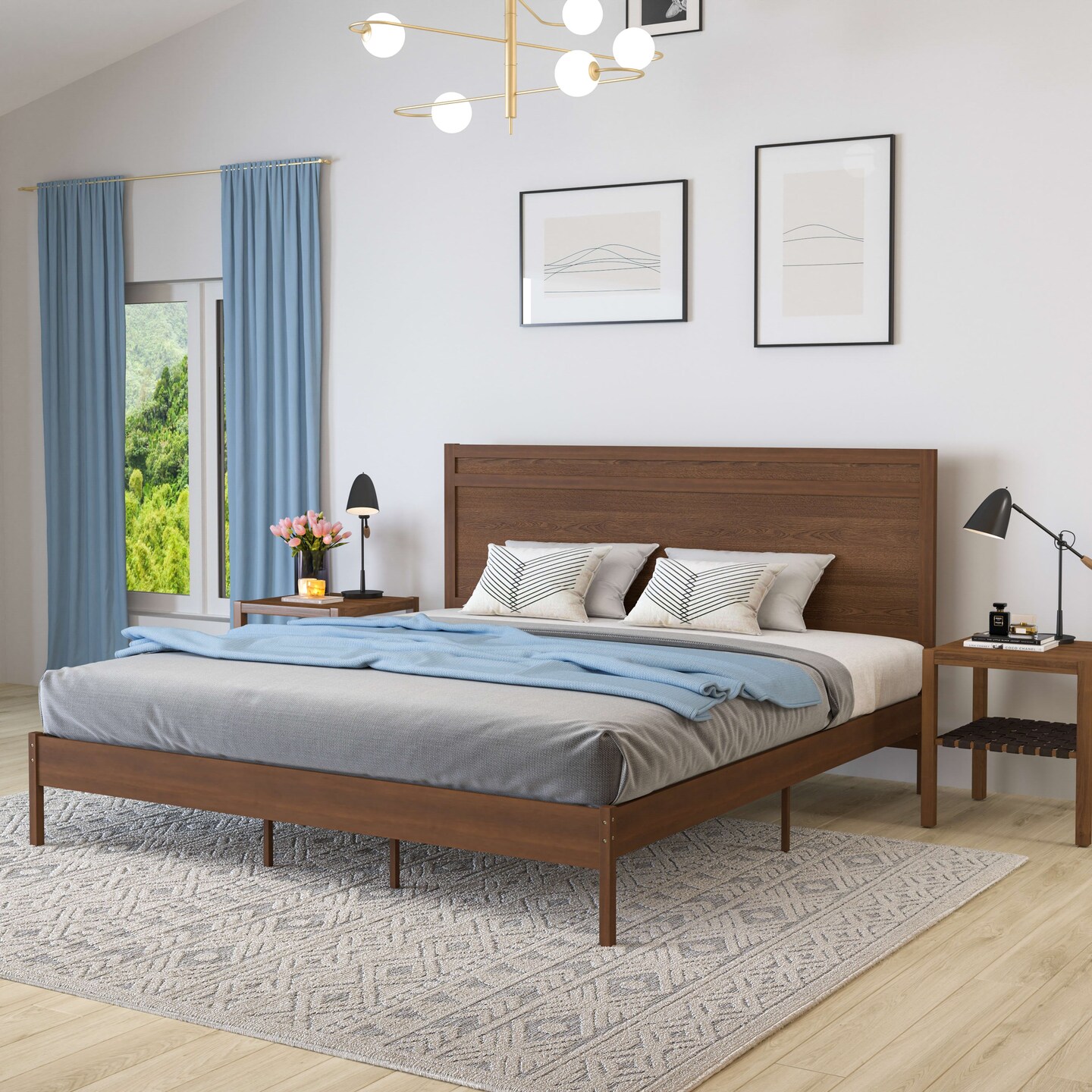Merrick Lane Somerset Solid Wood Platform Bed with Wooden Slats and Headboard, No Box Spring Needed