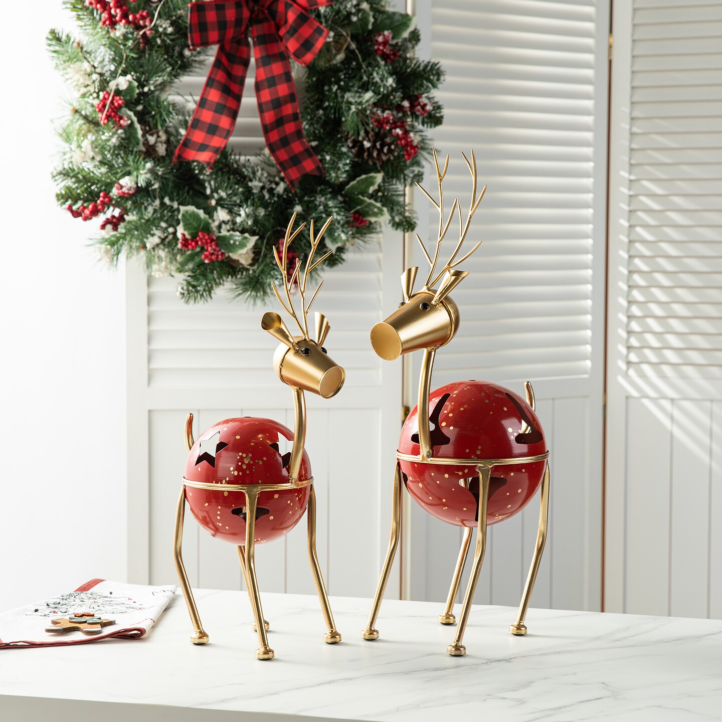 Set of 2 Christmas Metal Bells Reindeer Table D&#xE9;cor or Floor D&#xE9;cor