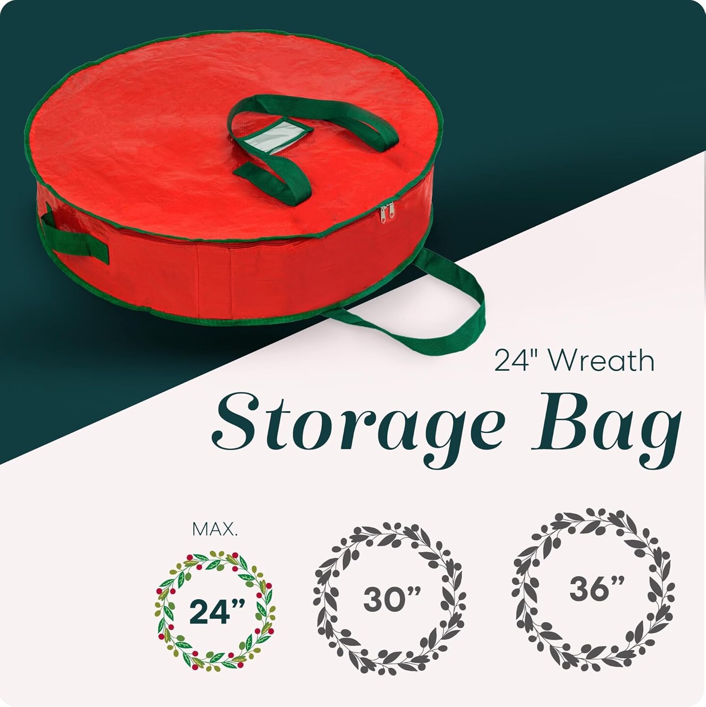 Christmas Wreath Storage Bag - Durable, Tarp Material, Zipper, Sturdy Carry Handles, Pest Protection - Ideal Home, Garage Organization for Seasonal Holiday Wreath Decorations (24&#x22;)