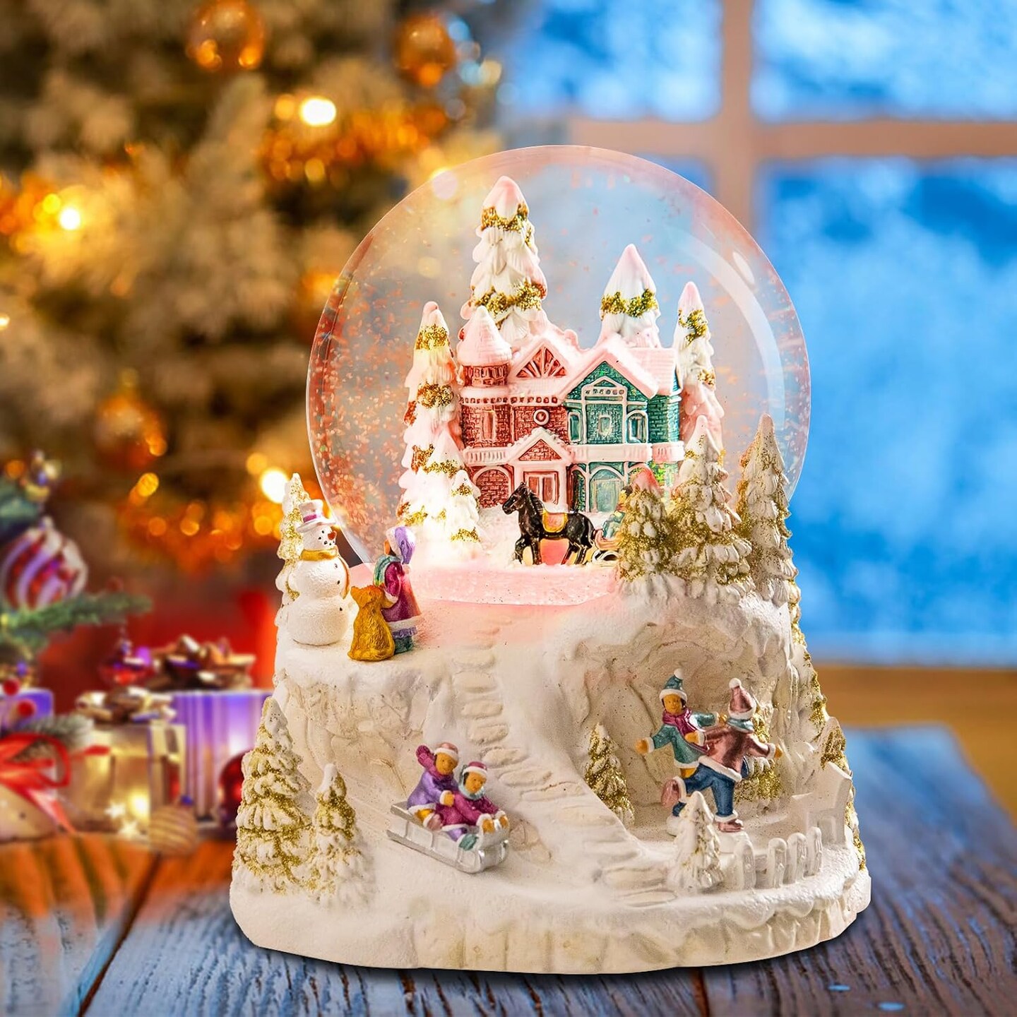 Christmas Snow Globe - Village Style Musical Snow Globe with Color Changing Led Lights, Christmas Decorations with Music Box Gifts for Girls Kids, Decorations for Christmas &#x26; Birthday