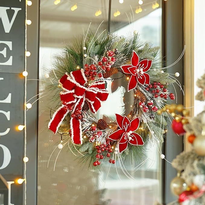 Christmas Wreaths for Front Door, Soomeir Prelit Poinsettia Christmas Wreath with Lights, Berries and Velvet Bow, Lighted Wreath for Holiday Winter Window Outdoor Indoor Xmas