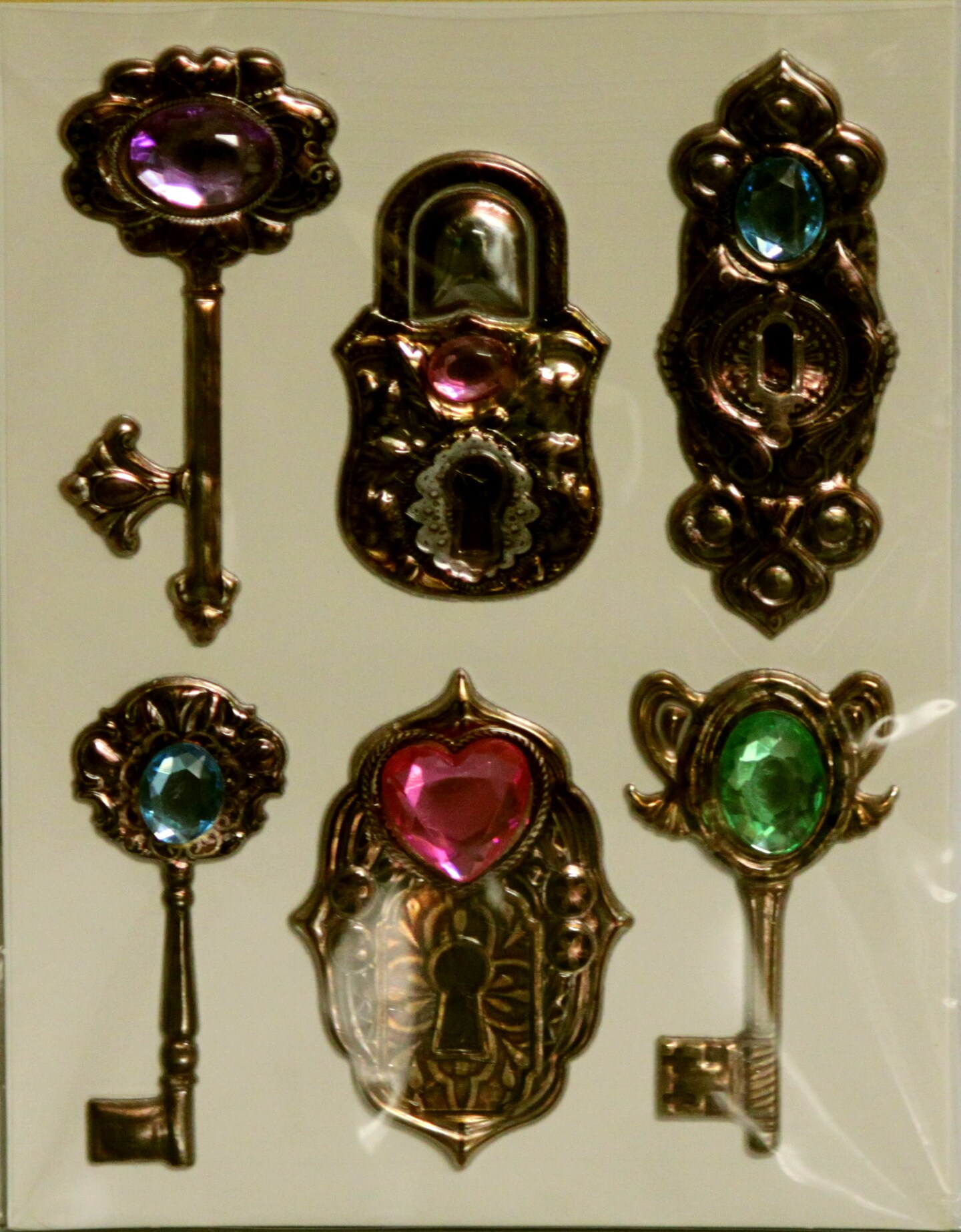Designer Vintage Keys &#x26; Locks Jeweled Dimensional Puffy Stickers