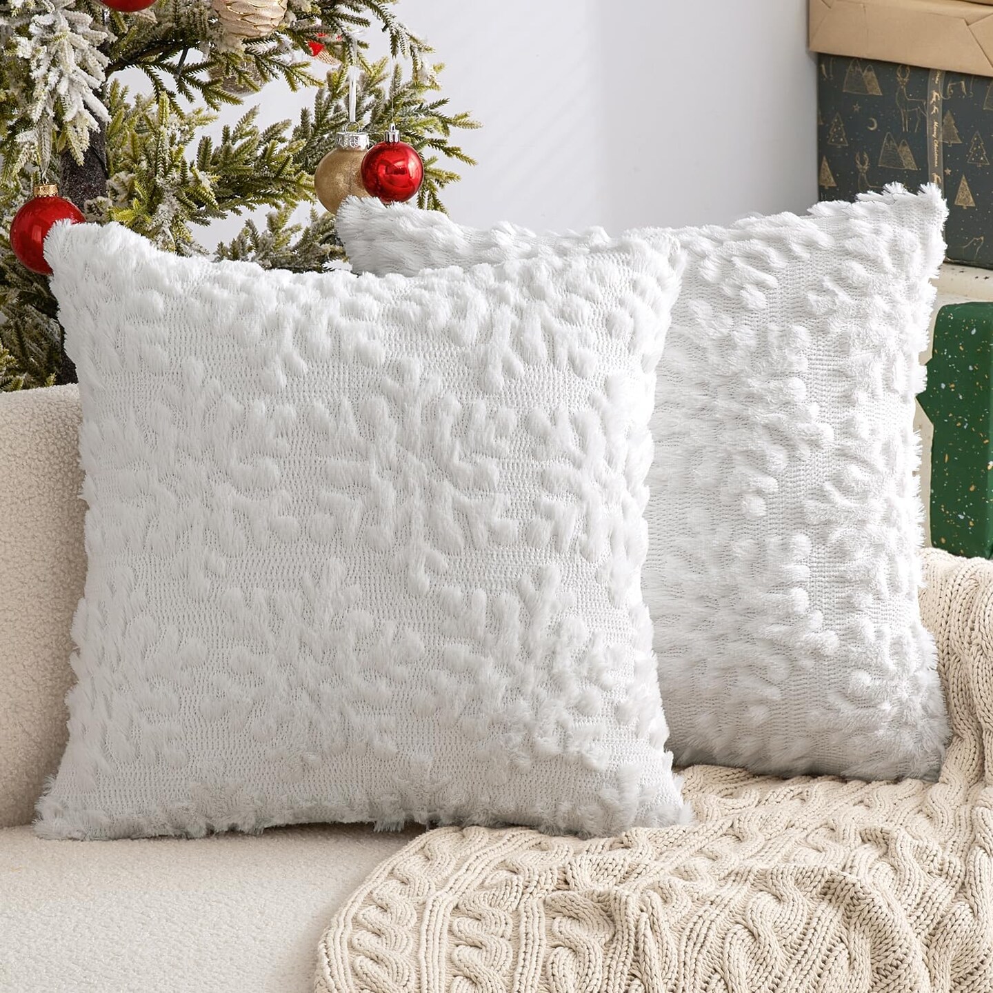 Pure White Throw Pillow Covers Set of 2 Christmas Snowflakes Decorative Pillow Covers 18x18 Inch Soft Plush Faux Wool Pillowcase Farmhouse Couch Pillows Home Decors for Sofa Livingroom Bed
