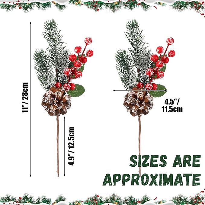 Picks Red Picks Pine Picks Set 11 Inch Pine Snowy Flower Berry Picks Artificial Pine Cones Holly Stem Craft Fake Berry Branches for Christmas Xmas DIY Tree Decor