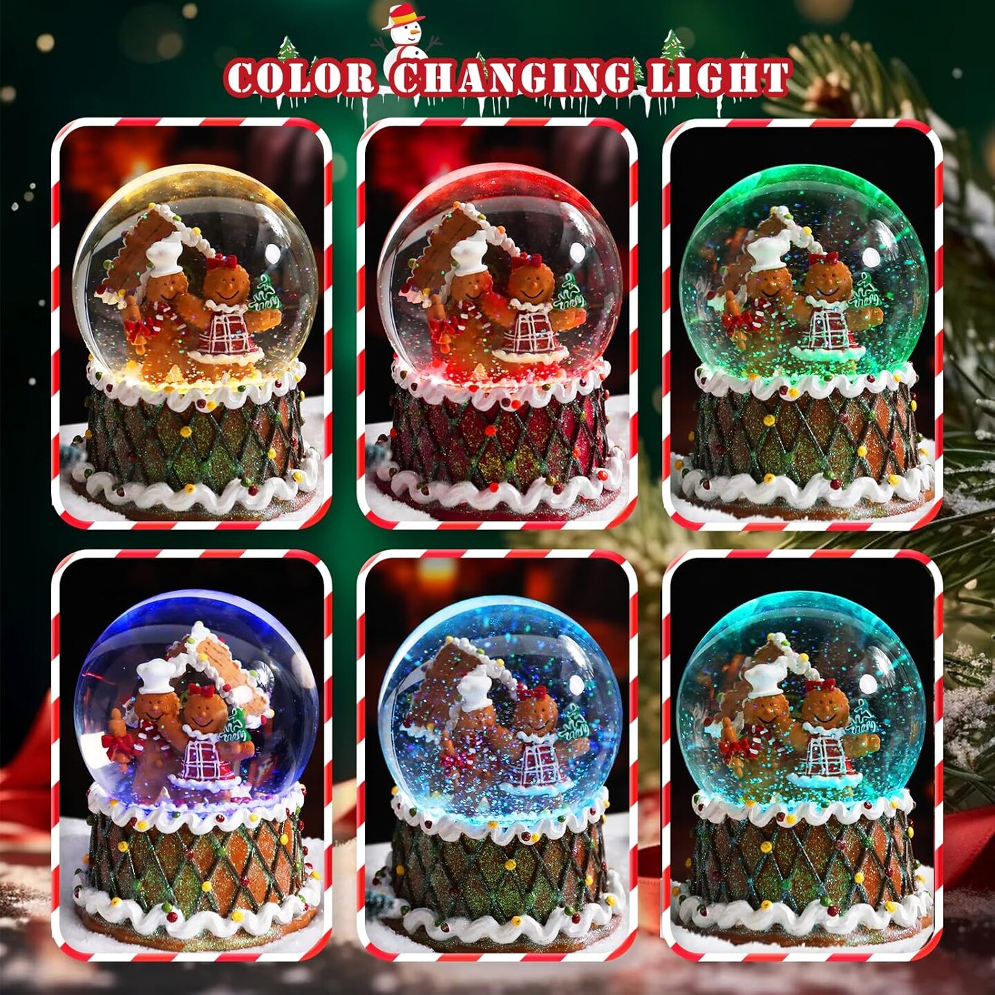 Christmas Snow Globes, Snow Globes Christmas with Music, Gingerbread Man Snow Globe, Cake Snowglobe Color Changing LED Lights Birthday Gift Decor for Kids Girls and Boys