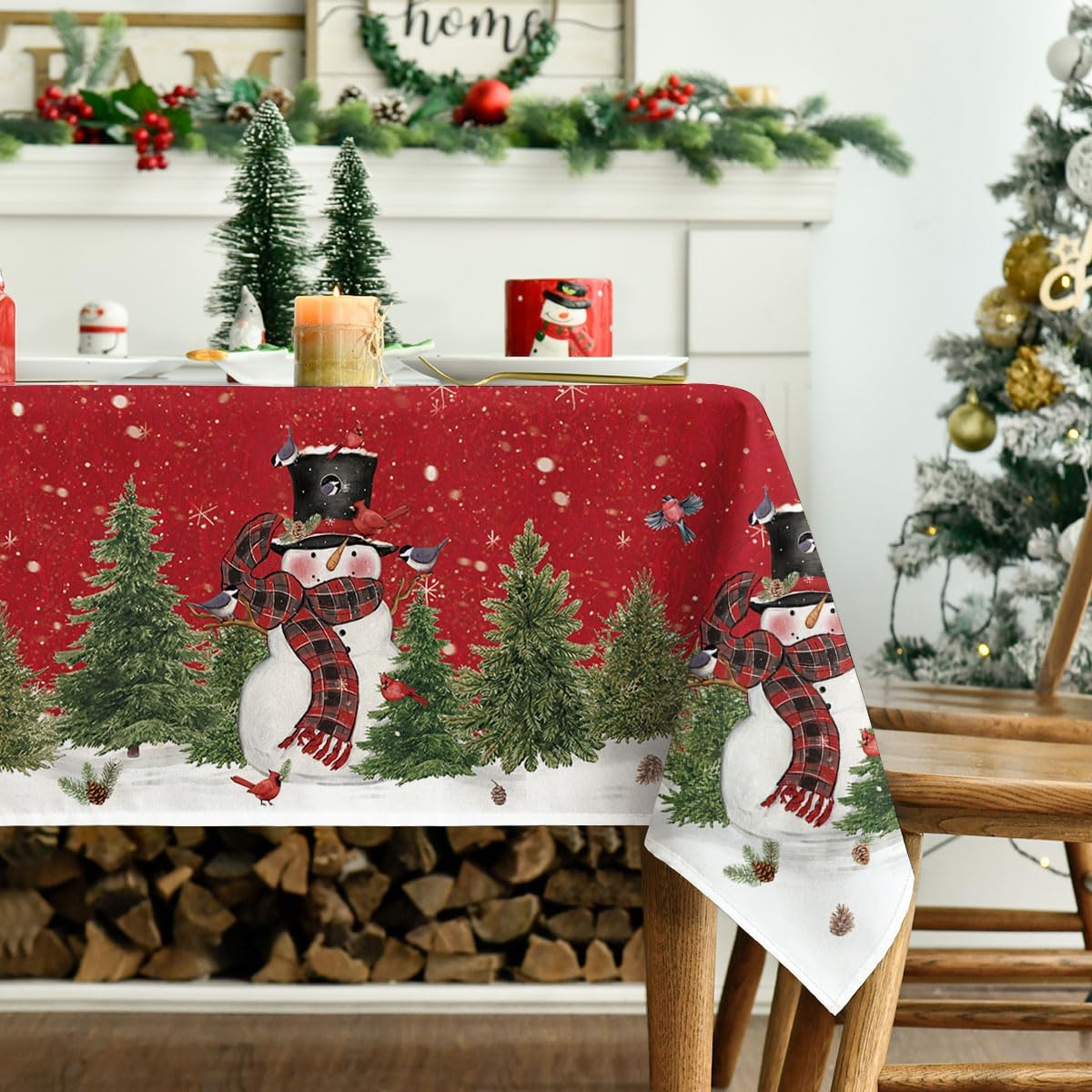 Christmas Tablecloth 60&#xD7;84 Inch, Winter Snowman Trees Red Washable Table Cover for Party Picnic Dinner Decor