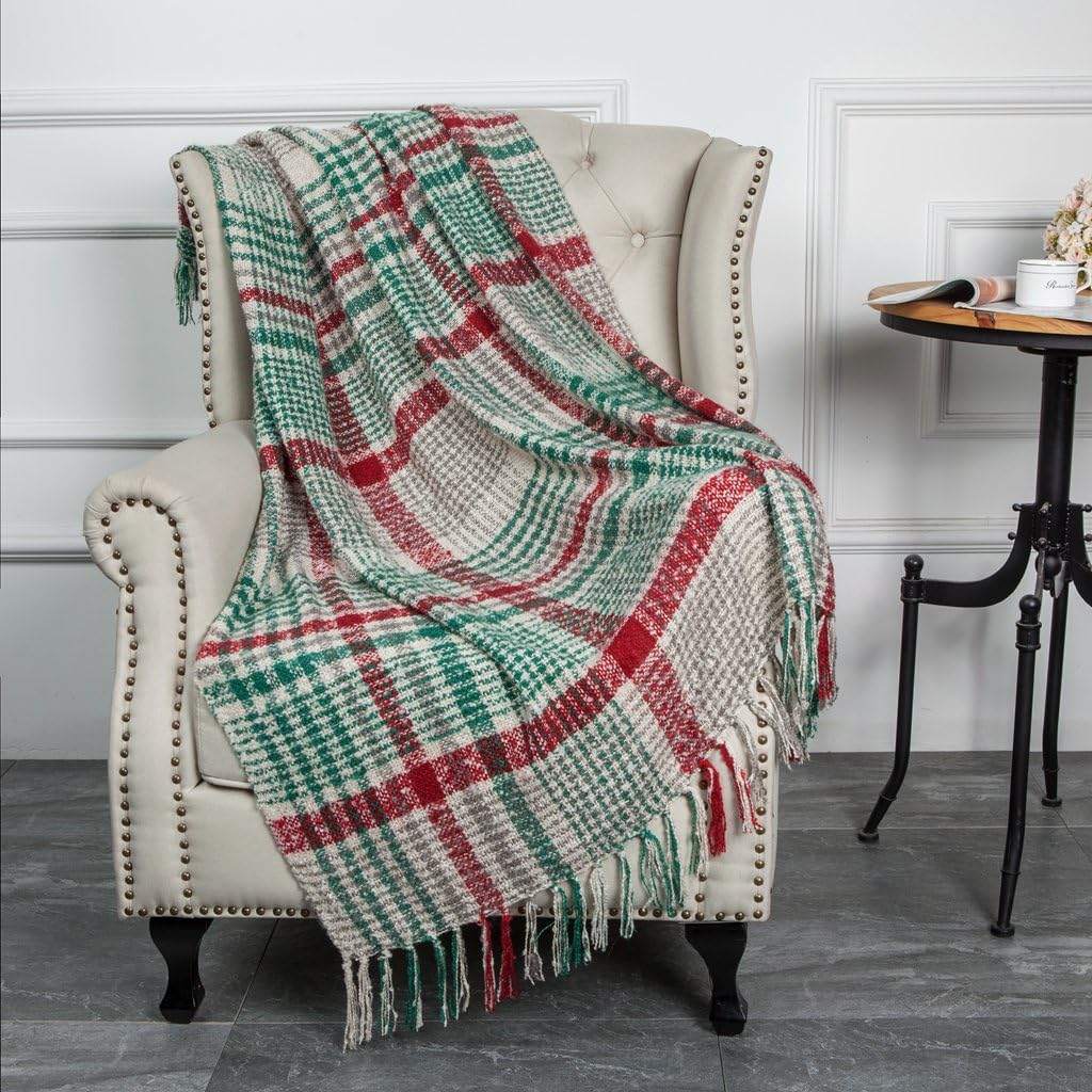 Green Red Plaid Blanket Throw Acrylic Soft Reversible Dyed Fringed Bed Blanket for Christmas Indoor Decorations 50" W x 67" L -Christmas Color