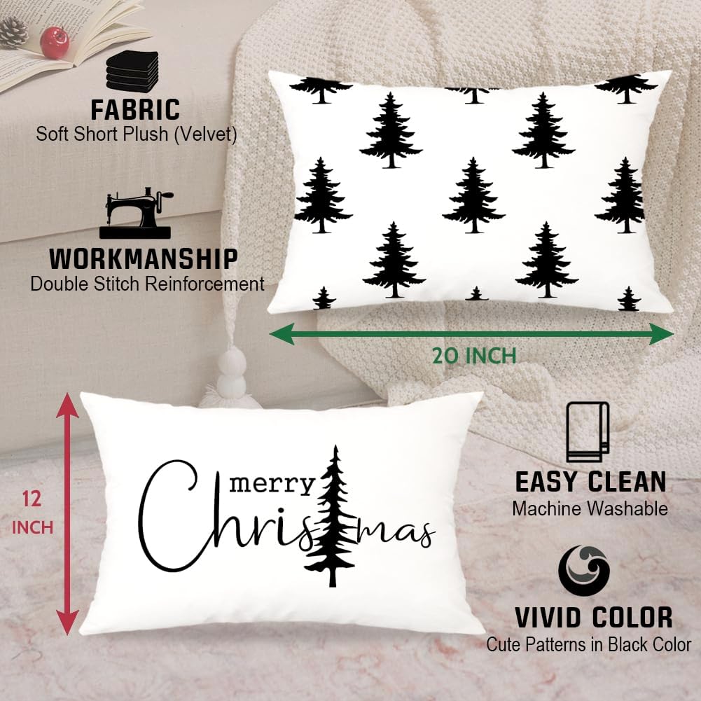 Black and White Christmas Tree Lumbar Pillow Covers 12x20 Set of 2, 12 x 20 Black Neutral Christmas Decor Lumbar Pillow Covers, Xmas Winter Holiday Throw Pillows for Sofa Couch Bed
