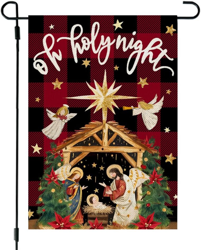 Christmas Holy Night Garden Flag 12x18 Inch Double Sided Small Burlap Holiday Nativity Yard for Outside