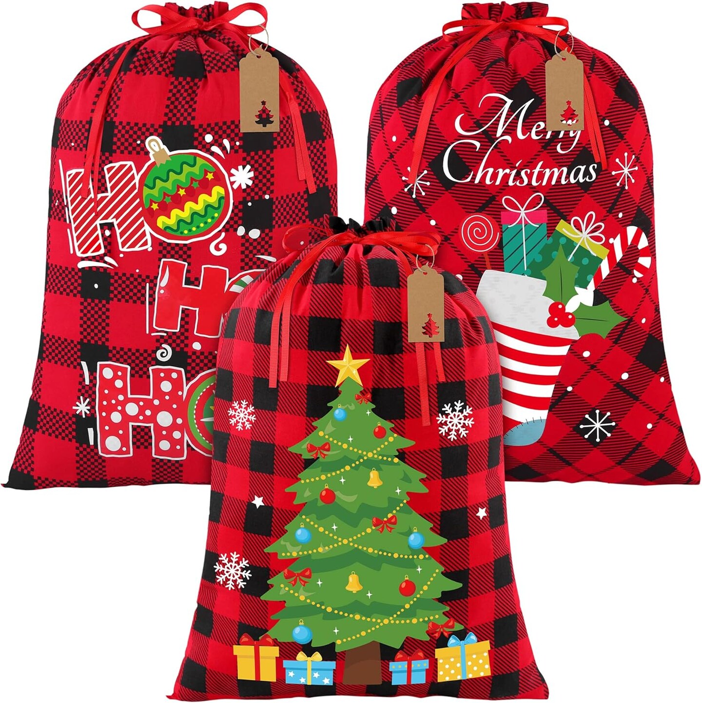 3 Pieces Christmas Drawstring Gift Bag Buffalo Plaid Fabric Bag with Drawstring Reusable Gift Wrapping Bags with 24 Kraft Paper Tags and Rope for Christmas Party Supplies, 17.7 x 23.6 Inches