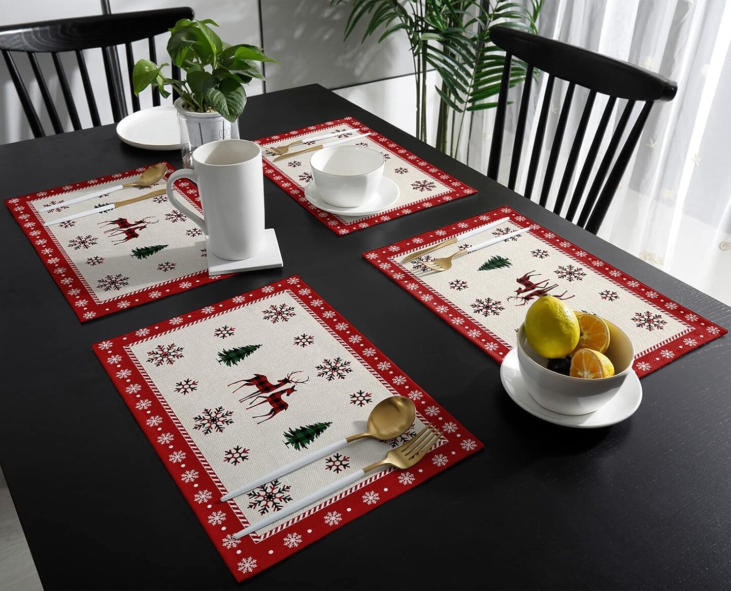 Christmas Placemats Set of 6, Reindeer Xmas Tree Placemats for Dining Table, Snowflake Merry Christmas Cotton and Linen Table Mats Washable for Kitchen, Party, Wedding Decor, 13 x 19 Inches