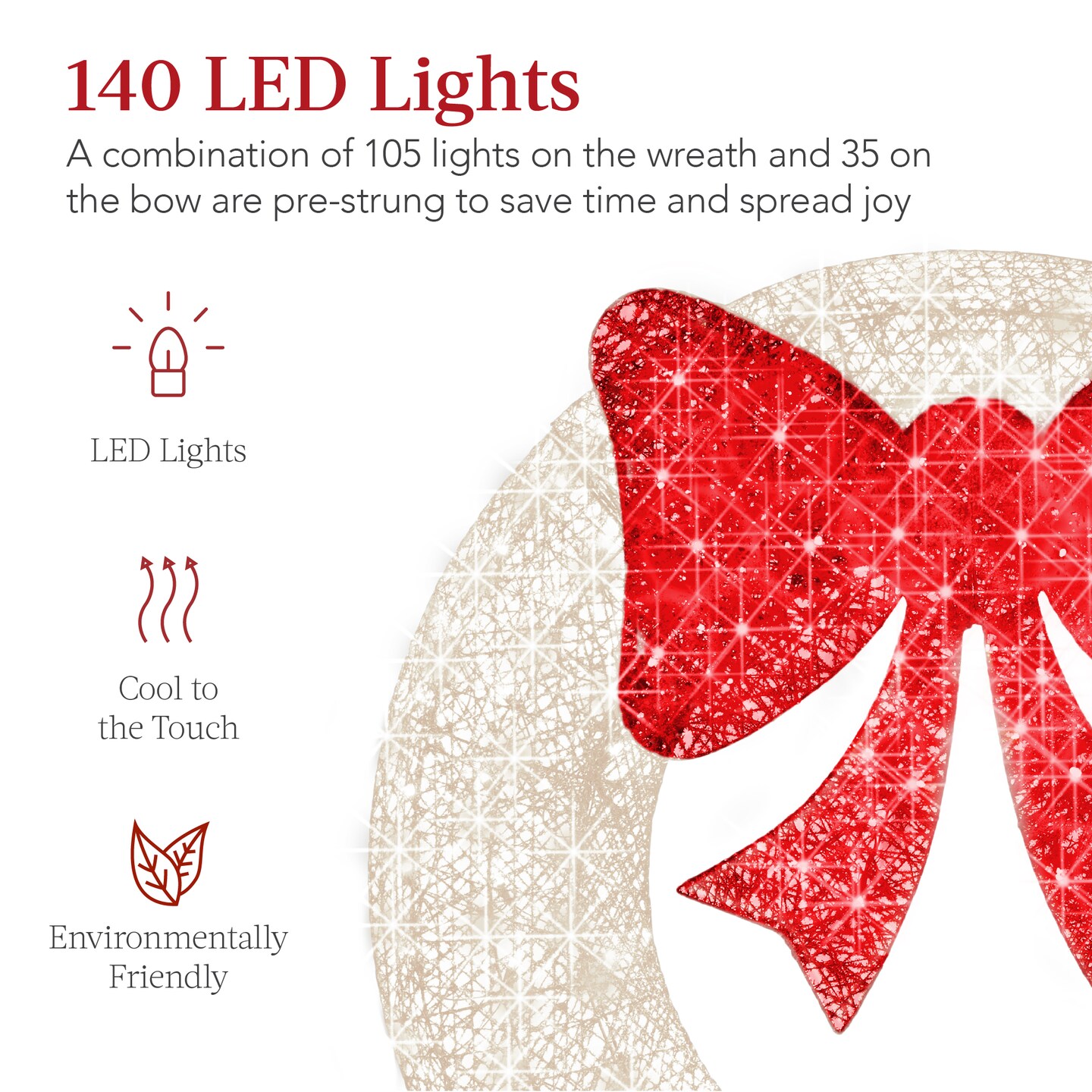 Best Choice Products 48in Pre-Lit Outdoor Christmas Wreath, LED Metal Holiday D&#xE9;cor w/ 140 Lights, Bow