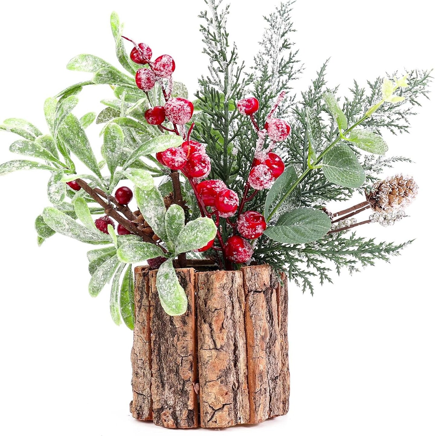 Potted Plants Christmas Picks and Sprays Fake Greenery Pine Needles Branches Red Berry Picks Stems for Home Office Christmas Decor