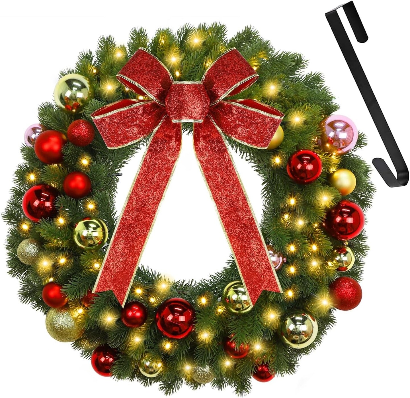 21 Inch Pre-Lit Christmas Wreath with Metal Hanger, Lighted Xmas Folded Wreath with 60 LED Lights, Red Bow and Colorful Balls, Battery Operated &#x26; Timer for Outdoor Home Window Wall Front Door