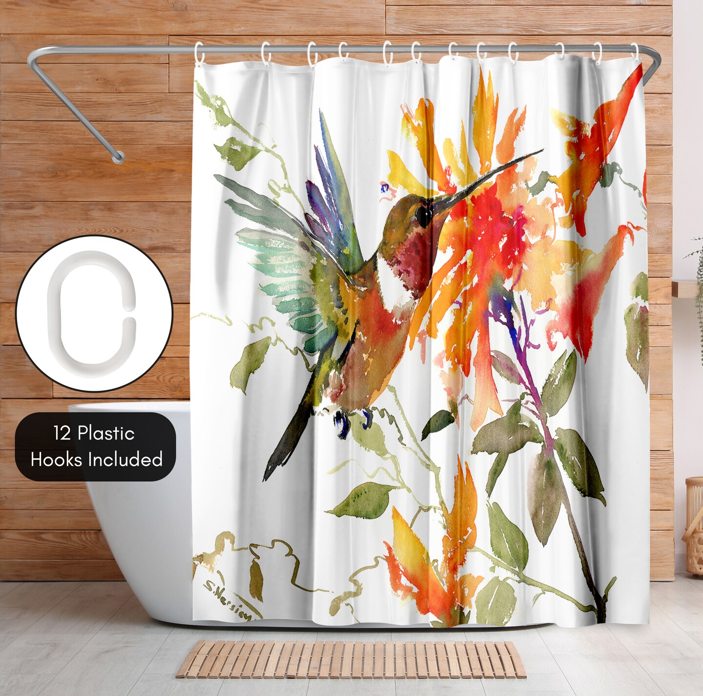 Americanflat 71x74 Hummingbird and Orange Flowers Shower Curtain - 100% Polyester Shower Curtain