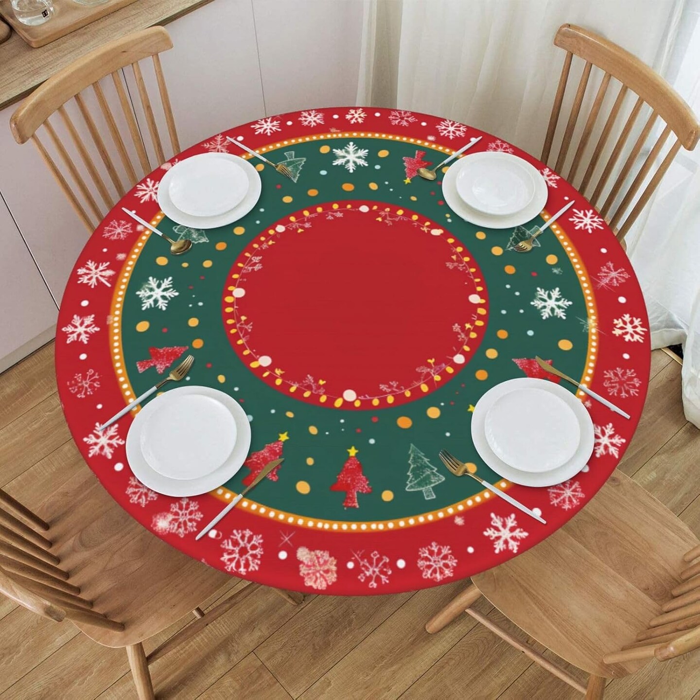 Christmas Tree Snowflake Round Fitted Tablecloth with Elastic Edged Decorative Kitchen Dining Table Cloth Cover Fits 40-44&#x22; Round Table