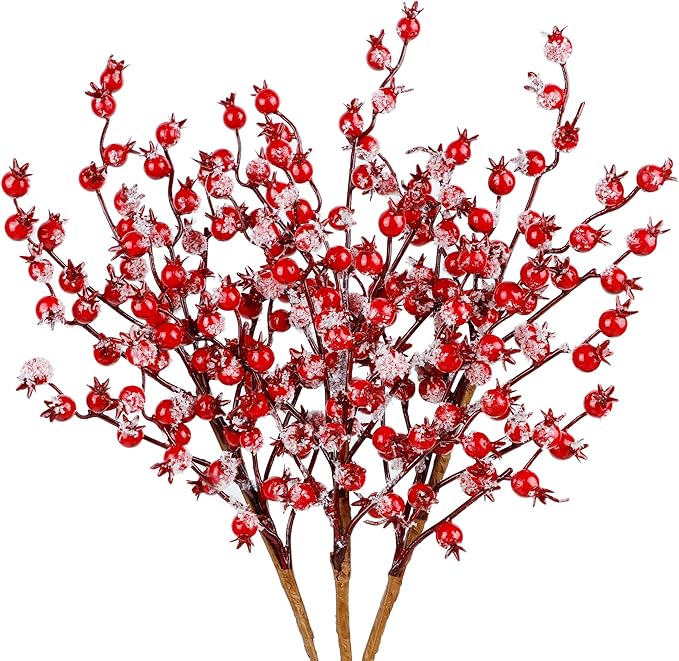 Artificial Christmas Berries Stems with Ice Snow Long Pomegranate Berry for Crafts Garland Home Party Christmas Decoration