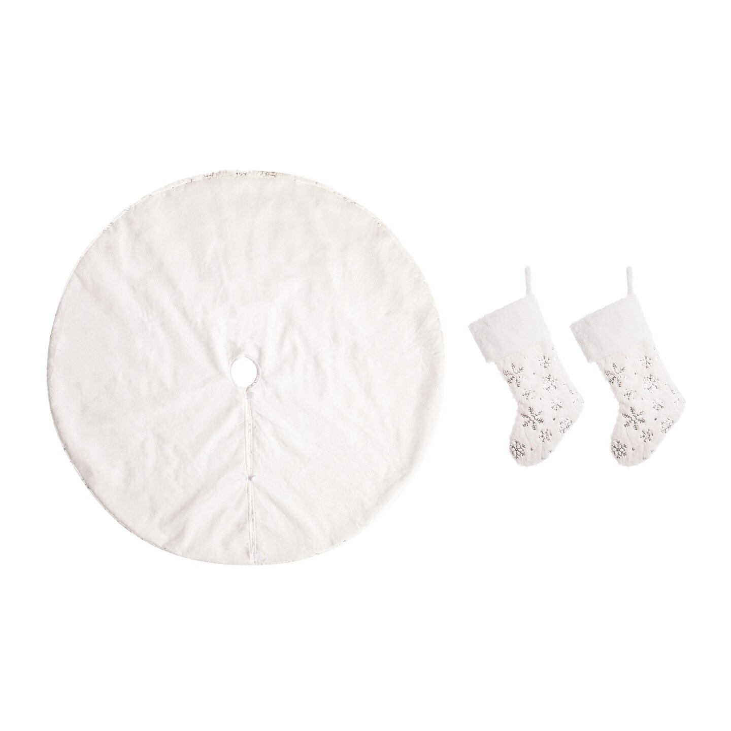White Plush with Snowflake Christmas Stockings &#x26; a tree skirt