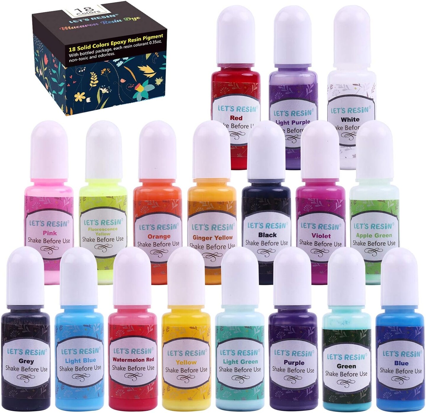 LET’S Resin 18 Colors Epoxy Pigment, Opaque Liquid Resin Colorant Each 0.35oz,Odorless Epoxy Resin Dye Solid Color Liquid Dye for Resin Jewelry DIY Crafts Art Making