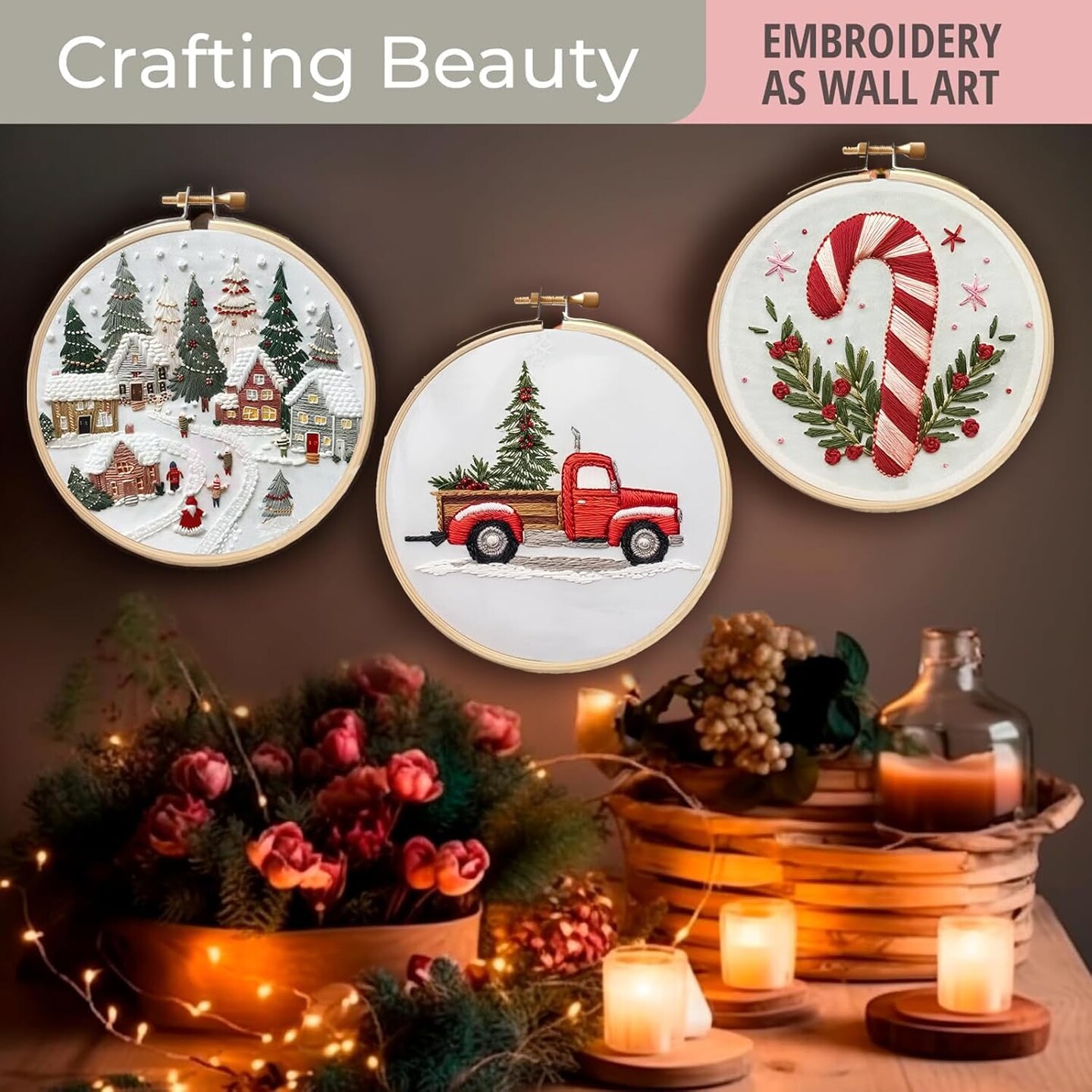 Christmas Embroidery KIT,Adults Kids DIY Handmade,Hand Embroidery Starter Kits with Stamped Embroidery Pattern,for Christmas Embroidery Kits for Adults Beginners Starter (E)