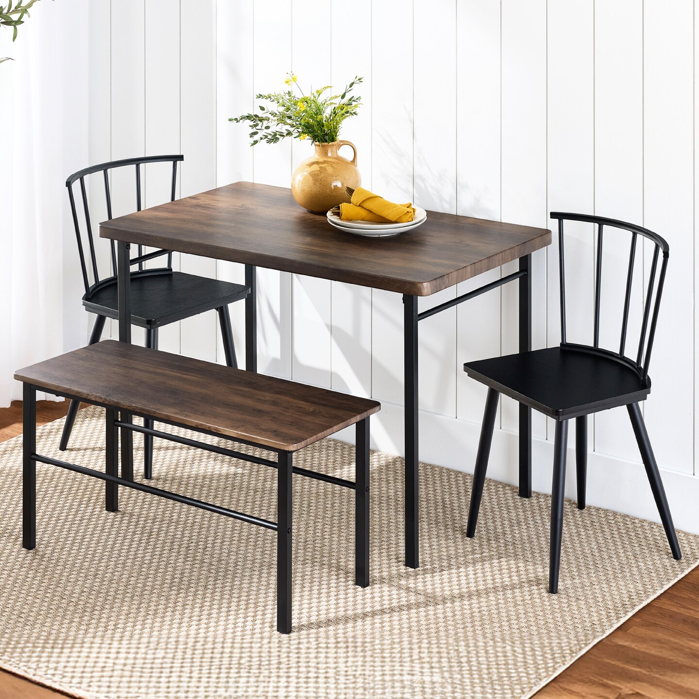 Best Choice Products 4-Piece Dining Kitchen Table Set w/ 2 Spindle-Back Chairs, Bench