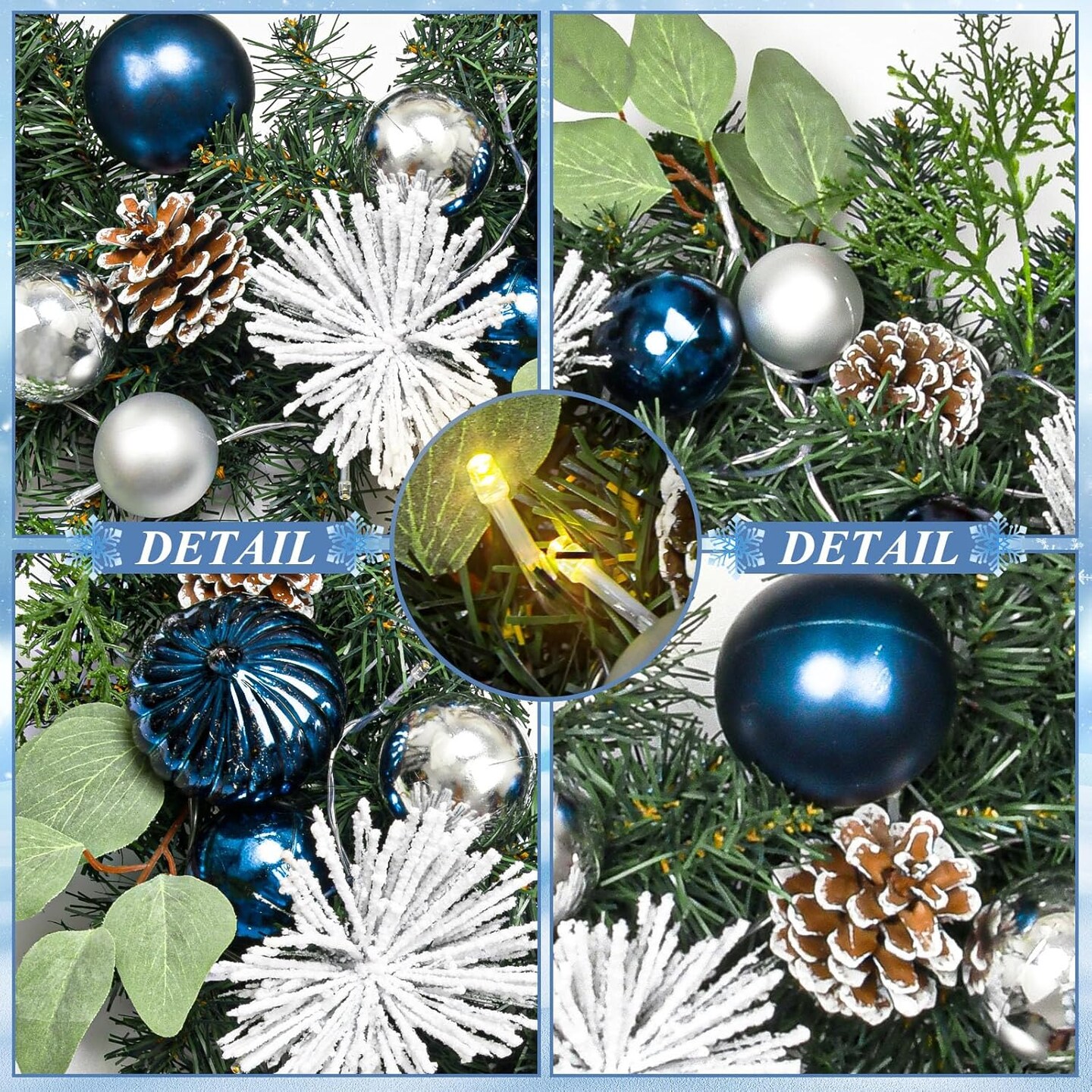 Christmas Wreath with Lights,24 Inch Christmas Wreath for Front Door with Christmas Blue Balls,Pine Cones and Pine Needles Xmas Wreath for Fireplace Window Front Door Wall Decor