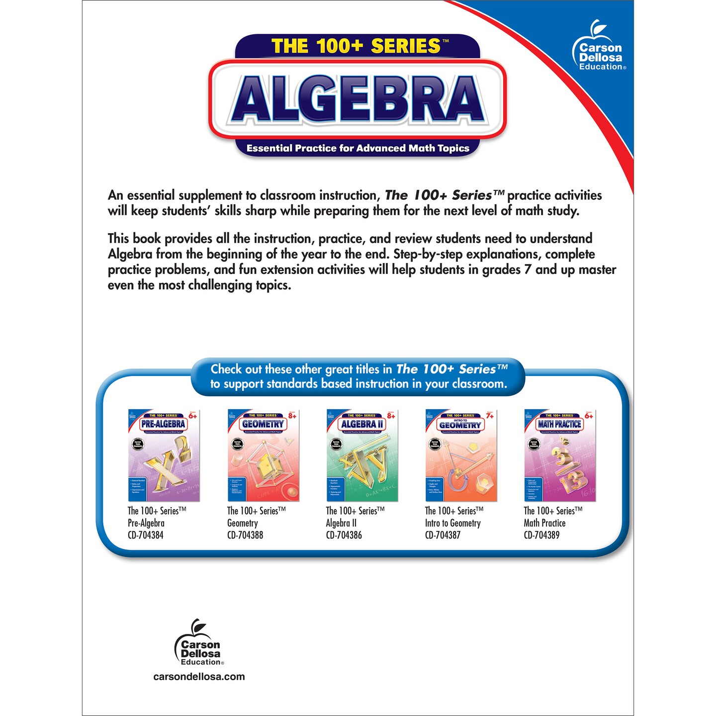 Carson Dellosa The 100+ Series: Grade 7 and Up Algebra 1 Workbook, Fractions, Ratios, Algebra Equations &#x26; More, 7th Grade Math Algebra 1 Workbook With Answers, Classroom or Homeschool Curriculum