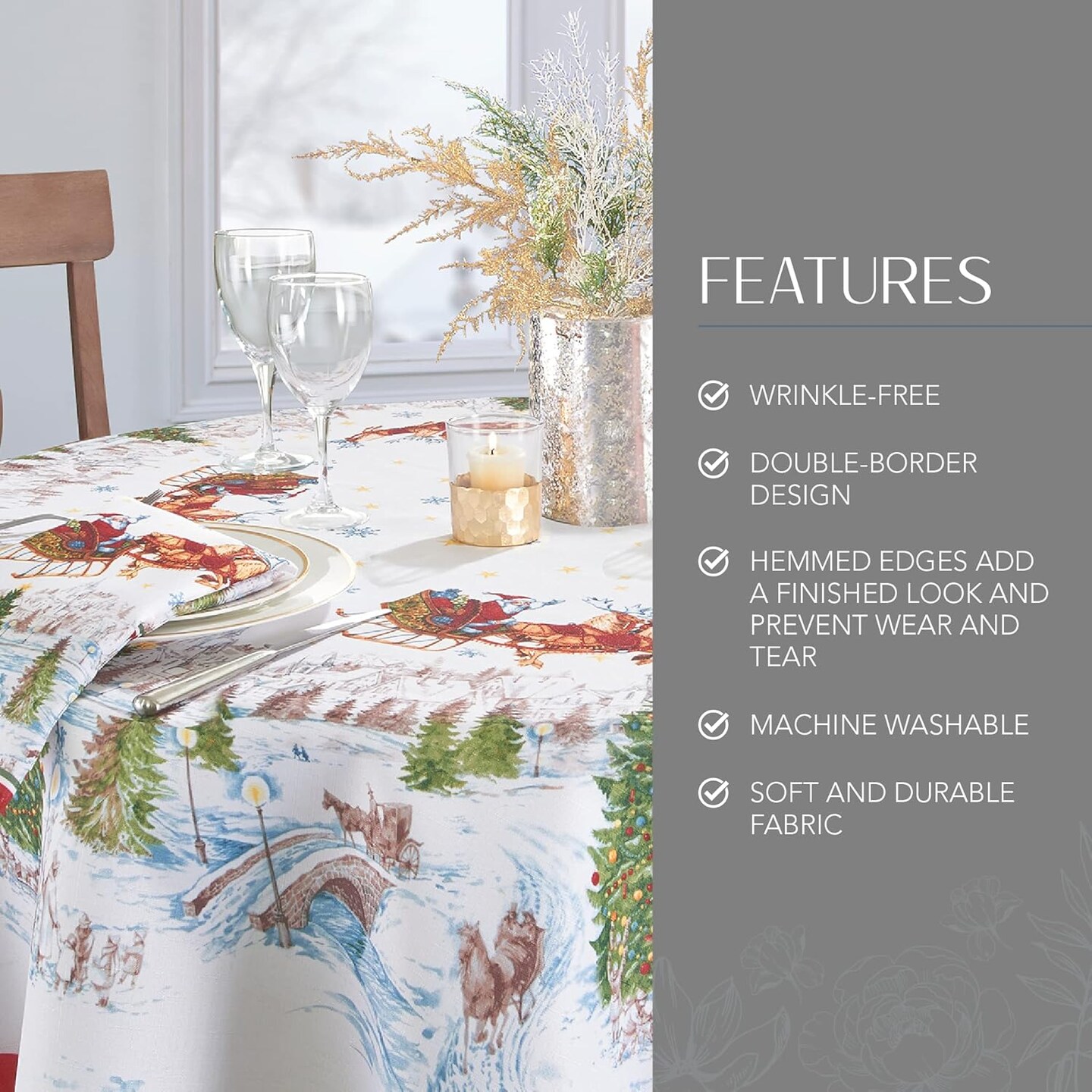 Home Fashions Santa Snowy Sleighride Wrinkle Resistant Holiday/Christmas Tablecloth, 70&#x22;, Round