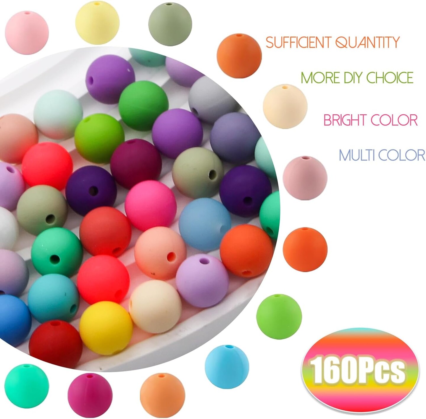 Silicone Beads 40 Colors 15mm Round Silicone Beads Bulk, Focal Beads Loose Rubber Beads for Jewelry Bracelet Necklace Keychain DIY Craft Making Decoration&#xFF08;160Pcs&#xFF09;