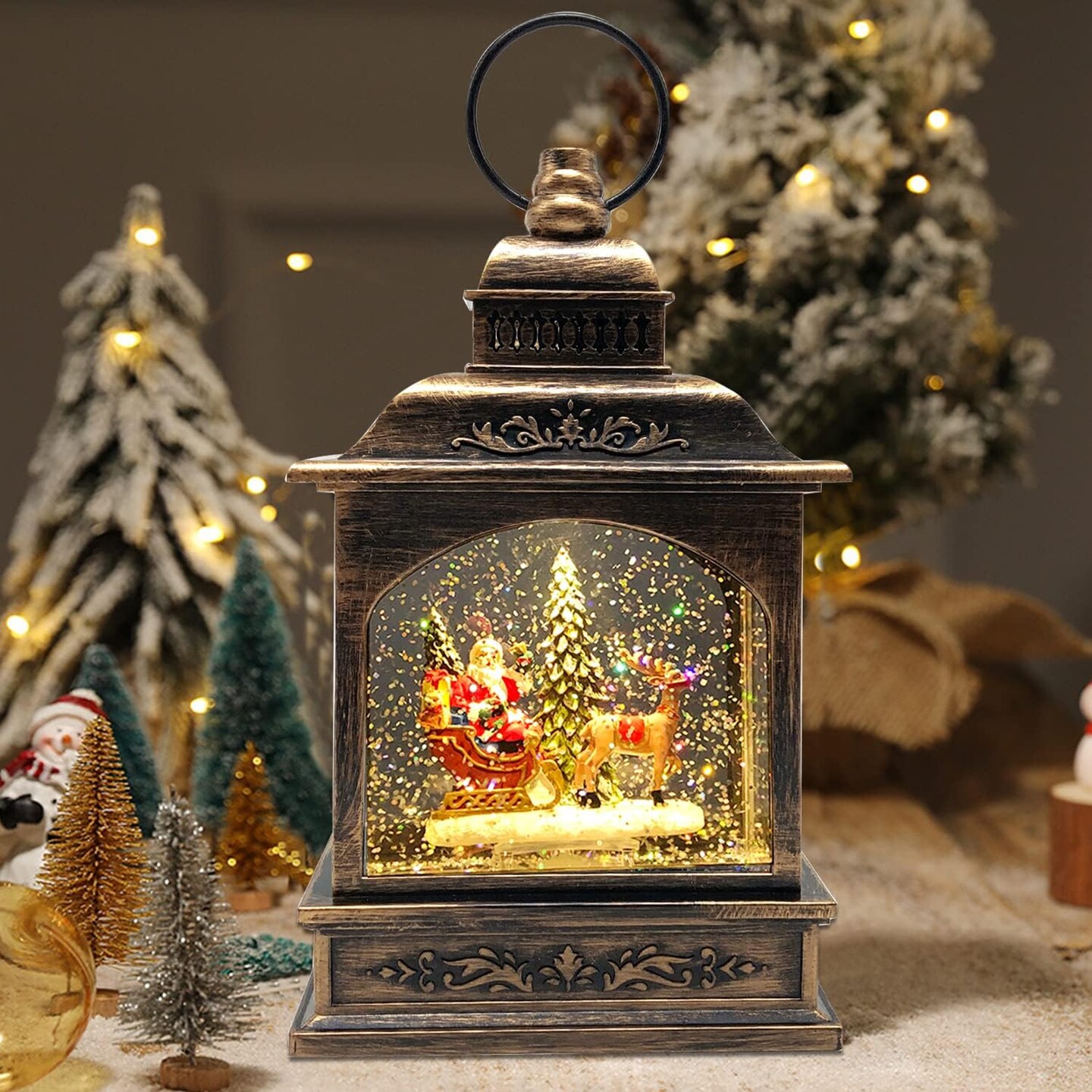 Christmas Snow Globe Lantern Musical Lighted with Timer,Spinning Santa Claus Water Lantern Glittering Holiday Decor Gift, Battery Operated&USB Glitter Lantern (Santa Claus and Christmas Tree)