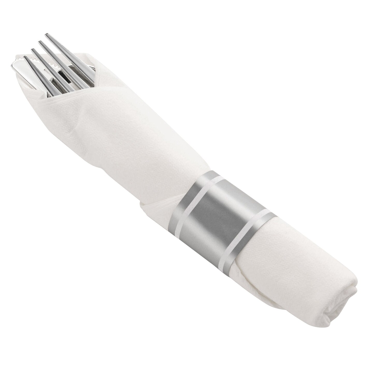 Durable Silver Plastic Cutlery in White Napkin Rolls Set - (100 Guests)