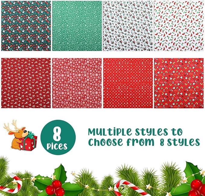 8 Pcs 20 x 20 Inches Christmas Fabric Quilting Christmas Fabric Bundles Precut Fabric Squares Christmas Printed Fabric Scraps for DIY Sewing Crafts Project Patchwork Dress Apron