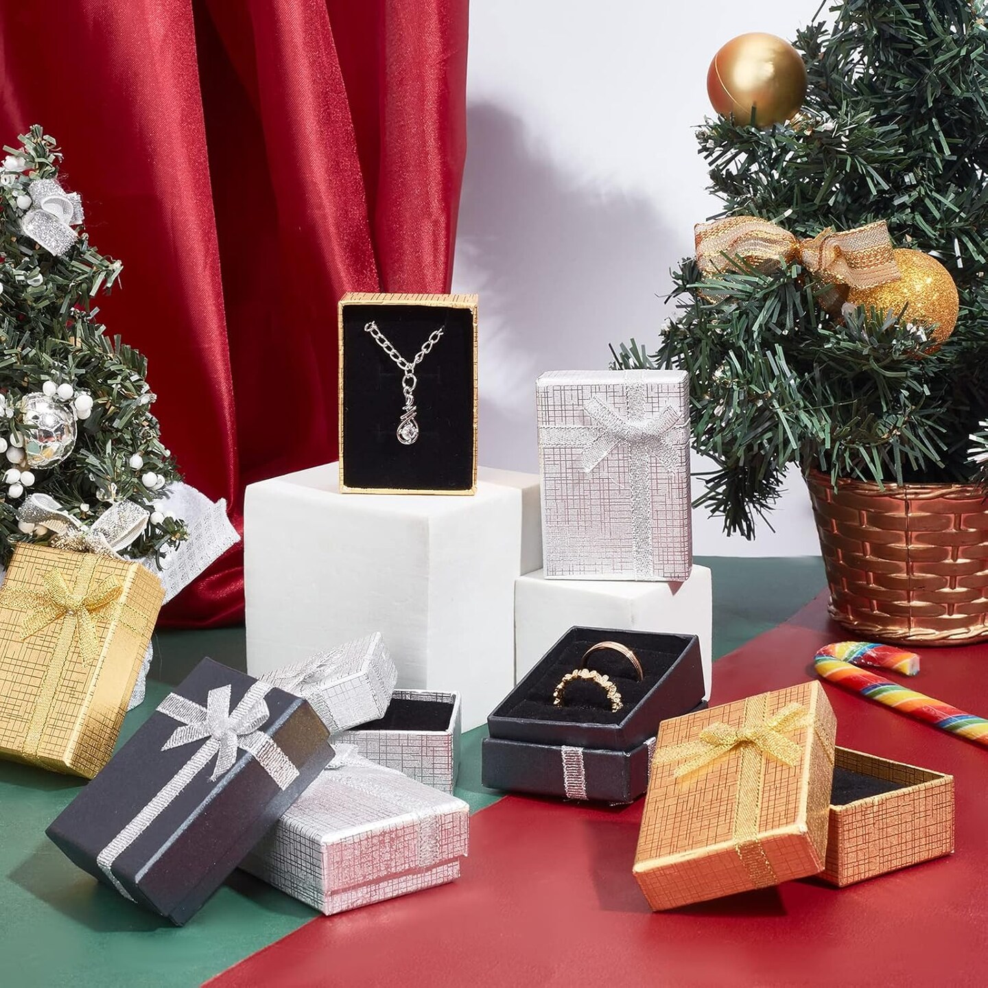 12pcs Christmas Gift Box, 2.7x2x1 Inch Jewelry Gift Boxes Metallic Display Boxes Small Earring Box with Bowknot Cardboard Box for Pendant Jewelry Necklace Bracelet Valentine&#x27;s Day Packing