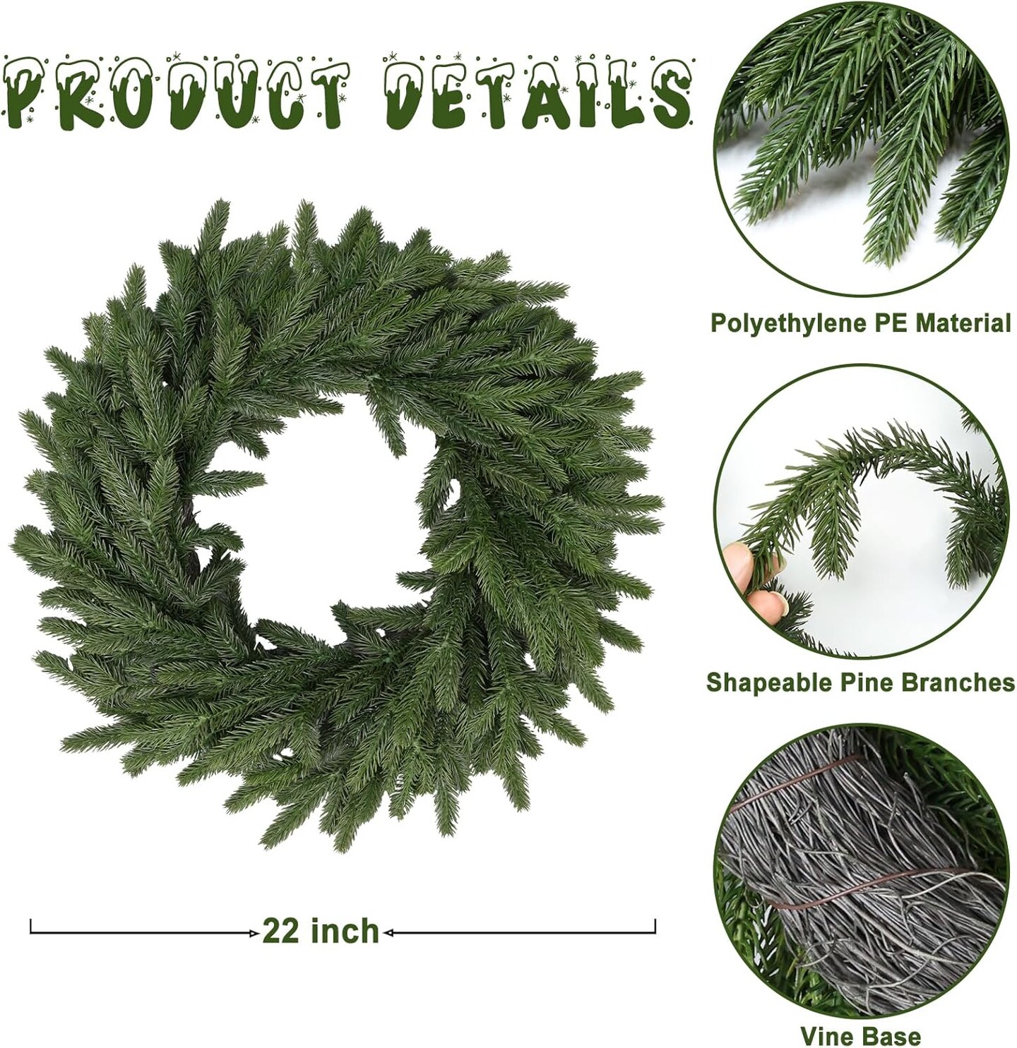 22 Inch Real Touch Christmas Wreath, Natural Droopy,Soft Bendable Faux Cedar Wreath, Christmas Wreaths for Front Door, Winter Wreaths for Front Door, Indoor Christmas Decorations for Home Decor