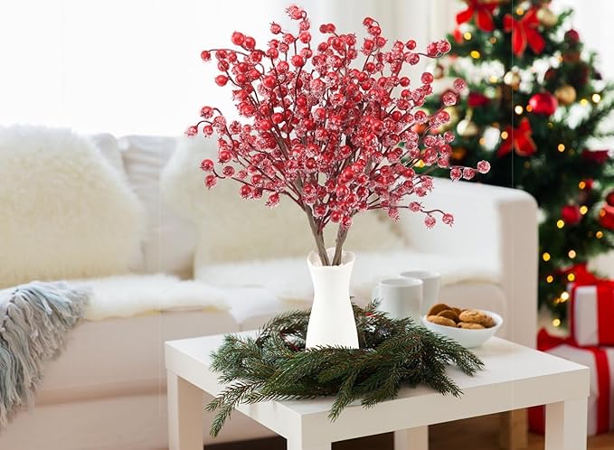 6 Pack 17&#x22; Long Artificial Snowy Christmas Red Berries Red Berry Picks Winter Holly Berry Branches for Christmas Tree Fillers DIY Crafts Floral Arrangements Holiday Vase Decor