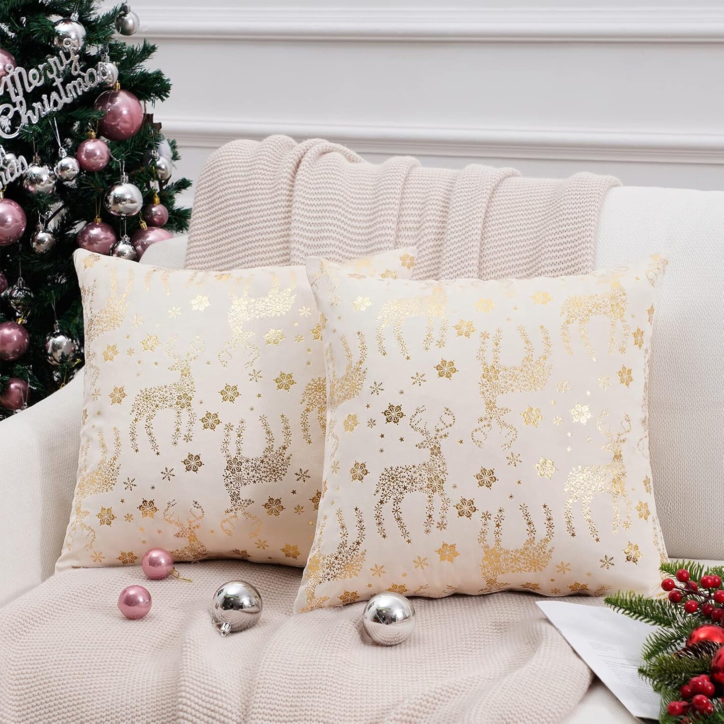 Christmas Pillow Covers 18x18 Set of 2,Xmas Cream Velvet Snowflake Reindeer Decorative Pillow Case Winter Holiday Decor for Home Couch,White and Gold