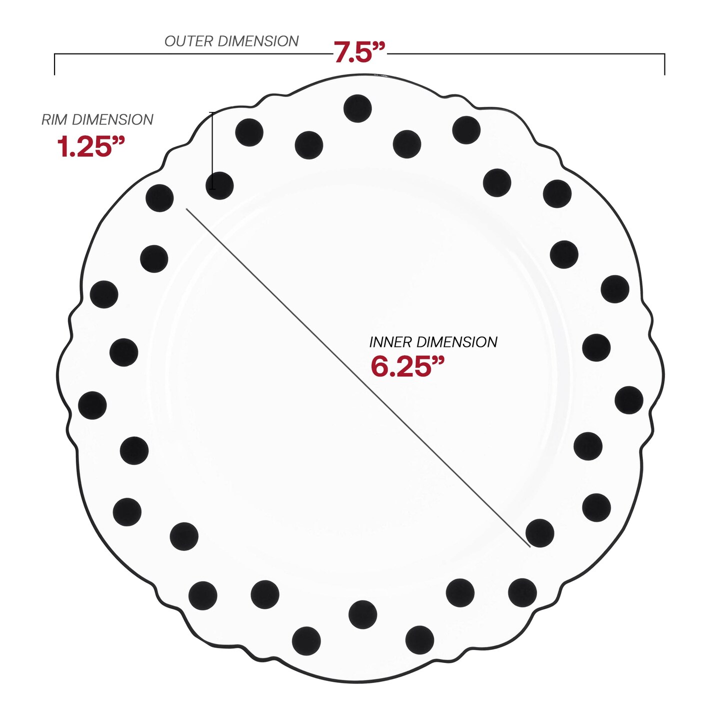White with Black Dots Round Blossom Disposable Plastic Salad Plates - 7.5&#x22; (120 Plates)