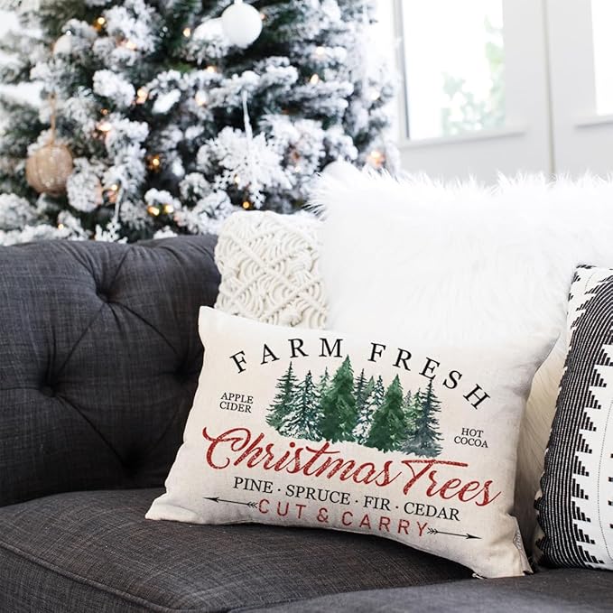 Christmas Pillow Cover 12x20 Farm Fresh Christmas Trees Decorations Christmas Pillows Holiday Cushion Case for Home Couch